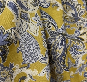 Dirndl-Stoff---knitterarm---Paisley-Blumen----senfgelb-blau---190-cm