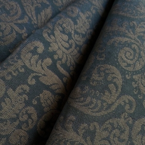 Gobelin-Jacquard---Dirndlstoff--gewebt--Ornamentmuster---dunkles-petrolblau-senfgelb---190-cm