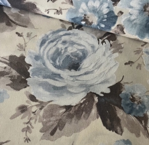 Dirndl-Stoff--Leinenoptik---knitterarm---Blumen----sand-grau-blau---190-cm